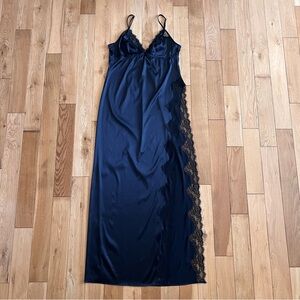 Savage Fenty Womens Black Satin Maxi Slip Dress Lace High Slit Lingerie Size XL
